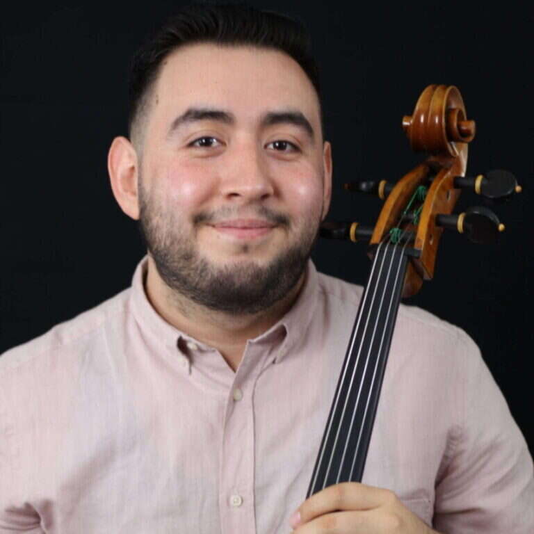 Omar Escobedo, cellist sharing Studio 10 at Sugar Land Art Center