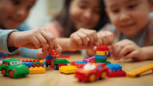 Children building cars with colorful LEGO blocks at kids LEGO camp in Sugar Land